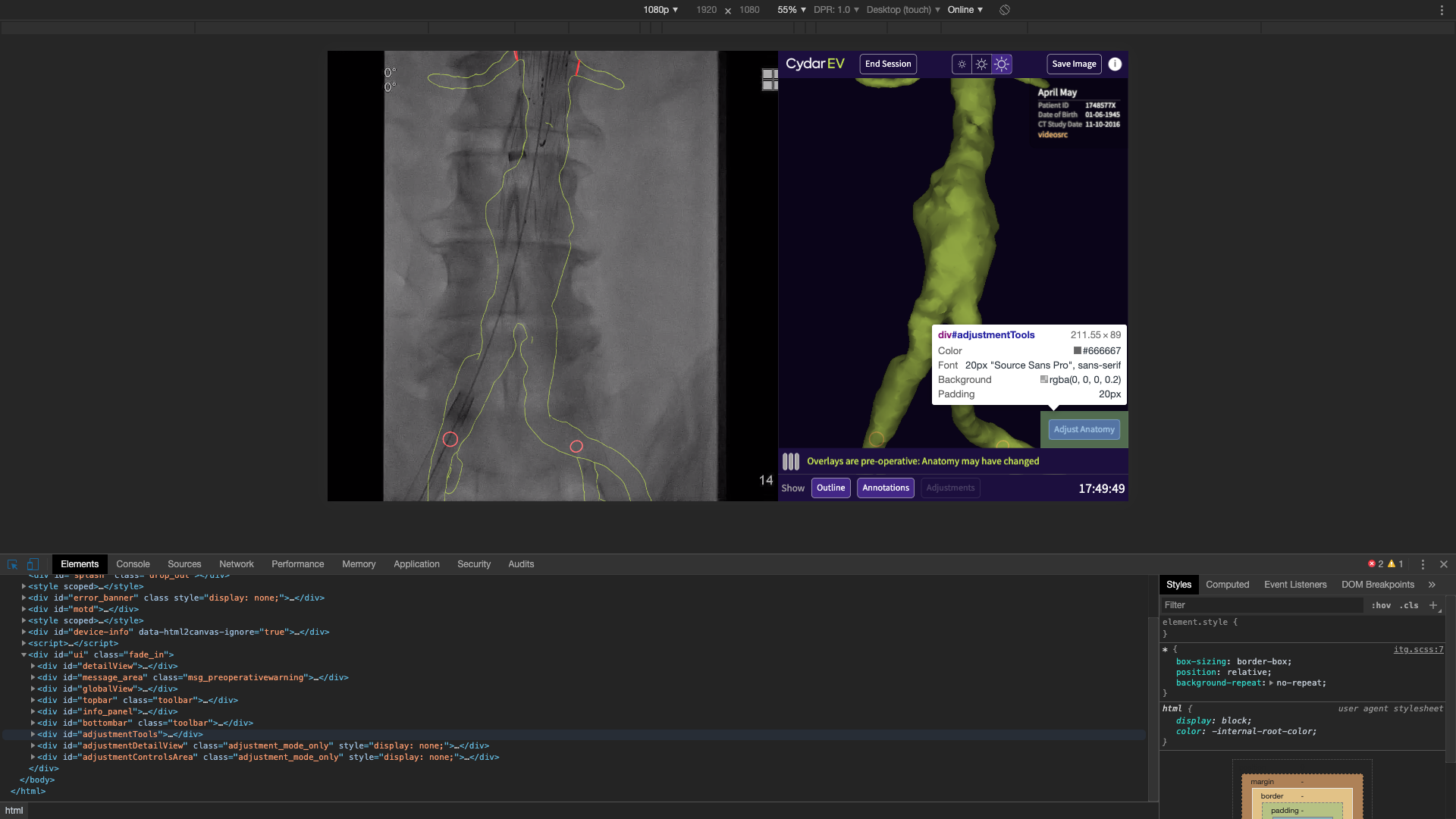 Cydar EV In-theatre GUI with Chrome devtools