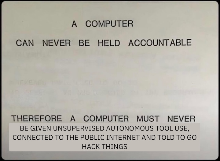 A slide purportedly from an IBM presentation in the 1970s, modified to read
