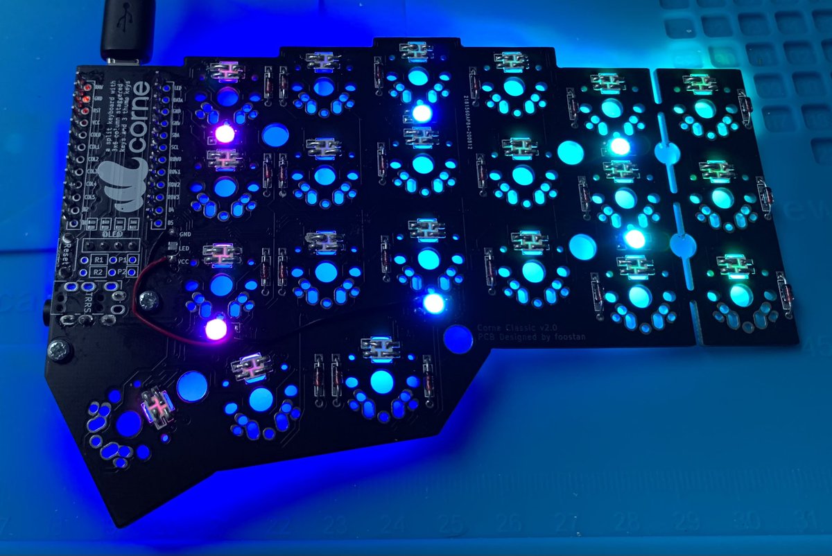 A keyboard PCB with six LEDs illuminated